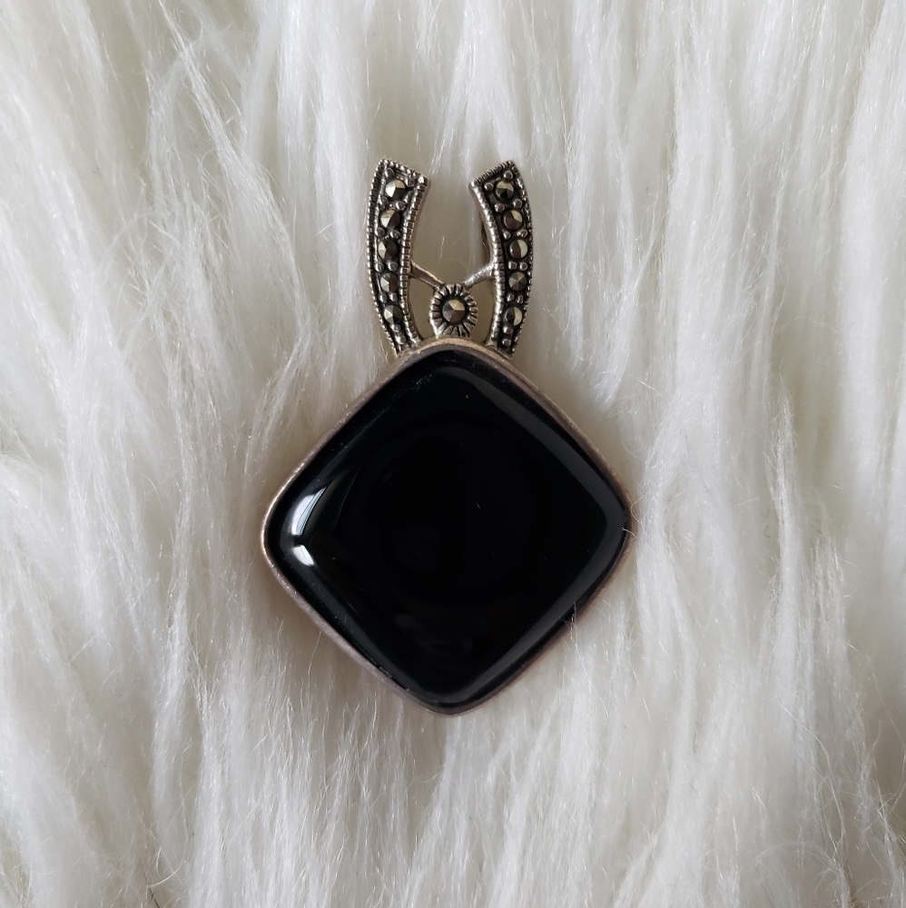 Vintage Onyx and Marcasite Sterling Silver Pendant